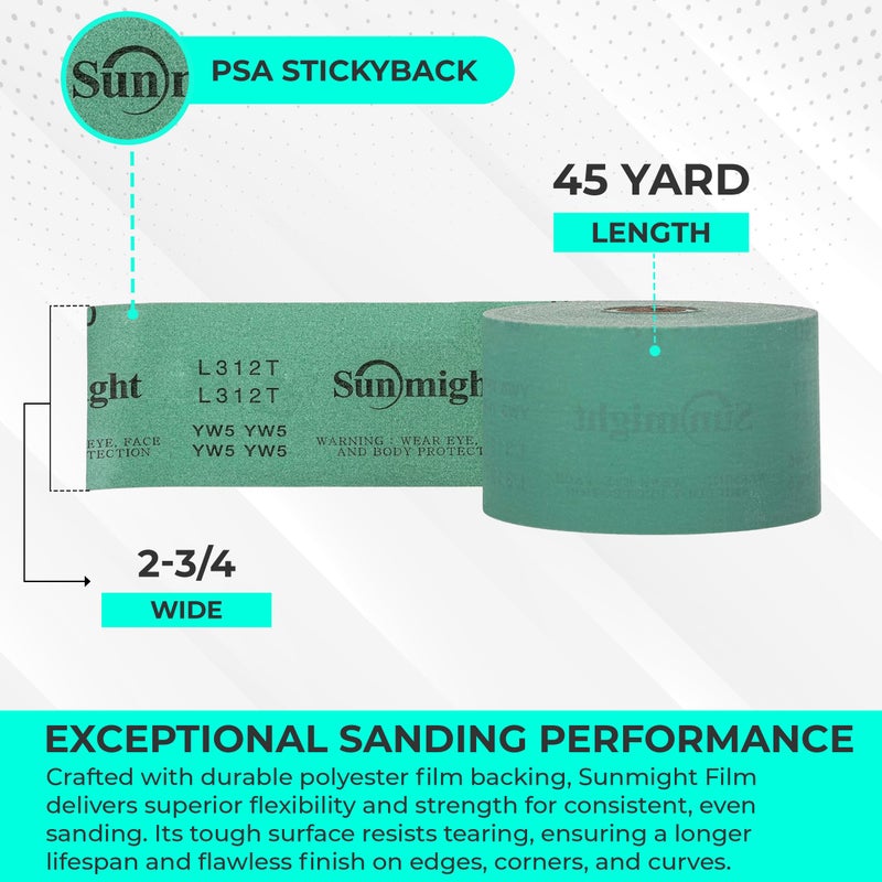 Sunmight Film 180 Grit Sandpaper Roll 2-3/4" x 45 Yards â€“ PSA Longboard Sandpaper â€“ Adhesive Backed for Auto Body, Wood, Metal, Marine & Aerospace â€“ Durable Polyester Backing for Smooth, Even Sanding - Image 4